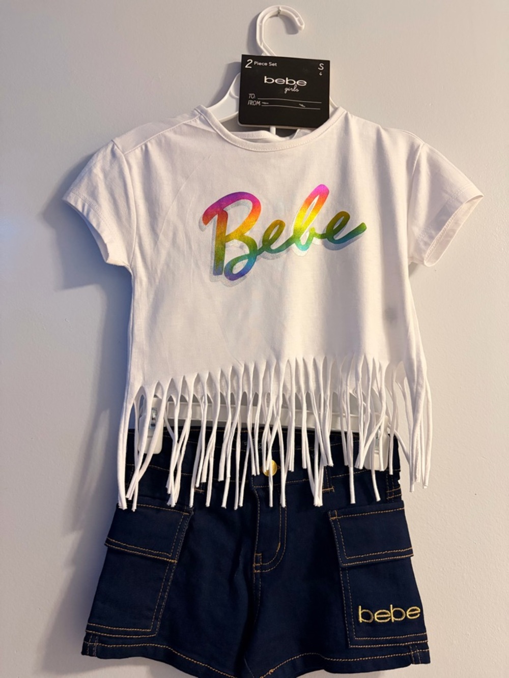 bebe Girls' White Fringe Tee with Rainbow Logo